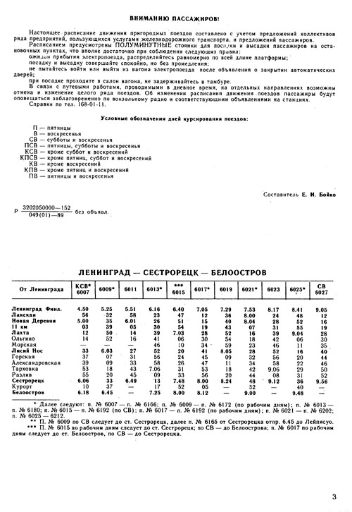 Электропоезда участка Ленинград - Сестрорецк - Белоостров, лето 1989 года